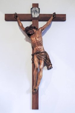 Vaduz, Lihtenştayn. St. Florin Katedrali 'nin içindeki dini heykel.