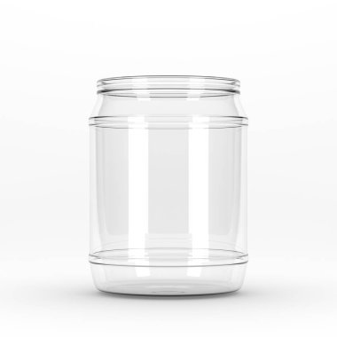 Beyaz arka plan üzerinde izole kap olmadan 3D işleme gerçekçi boş cam kavanoz. Cam banka yanıp alay