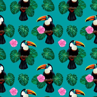 Doğa renkli orman seamless modeli ile şube palm monstera çevresinde oturan toucan kuş bırakır ve derin mavi arka plan üzerinde çiçekler. Tropikal egzotik vektör çizim yaz tasarımınız için