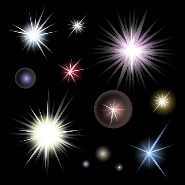 Parlak renkli parlak dizi patlama siyah arka plan üzerine yıldız. Glitter güneşler dekorasyon ray sparkles tasarımınız için ile etkisi. Soyut gece gökyüzü nesneleri. Vektör çizim