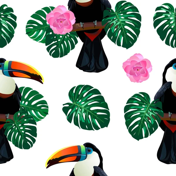 Natureza Colorido Selva Sem Costura Padrão Com Pássaro Tucano Sentado — Vetor de Stock