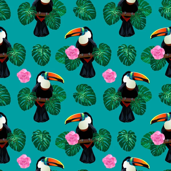 Natura Colorato Modello Giungla Senza Soluzione Continuità Con Uccello Toucan — Vettoriale Stock
