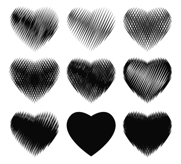 Monochrome Herzsymbole Skizzieren Set Verschiedene Grunge Schmutzige Formen Des Schwarzen — Stockvektor