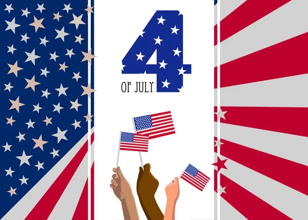 日アメリカ独立記念日のプラカード ポスターやグリーティング カード テキストは 白い軍旗にアメリカ国旗を持つ手 アメリカ合衆国国旗の抽象的な背景 ベクトル図 — ストックベクタ