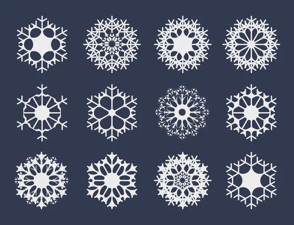 Collection Icônes Flocon Neige Blanc Isolé Sur Fond Sombre Pour — Image vectorielle