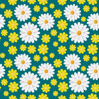 Yeşil bahar ışık çiçek ile seamless modeli: beyaz papatya ve koyu mavi arka plan üzerinde izole sarı düğün çiçeği. Yaz çiçek doku soyut. Vektör çizim