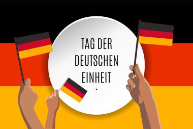 Mutlu birlik günü afiş, poster veya tebrik kartı Almanca olarak tercüme. Daire afiş ve eller Deutschland bayrak arka plan üzerinde Alman bayrakları ile metin. Vektör çizim Almanya bağımsızlık günü