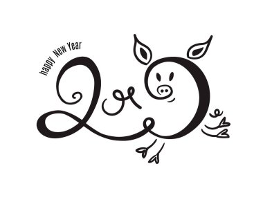 2019 siyah mürekkep ile yeni yıl yazı doodle beyaz arka plan üzerinde izole domuz. Vektör çizim