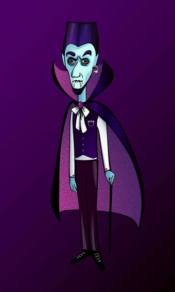 Cara Azul Bonito Vampiro Drácula Halloween Personagem Capa Preta Rosa — Vetor de Stock