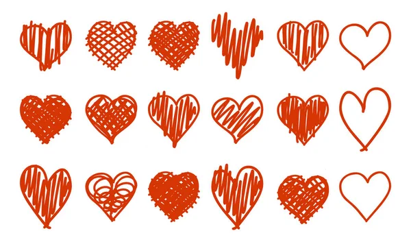 Beyaz Arka Plan Üzerinde Izole Doodle Kırmızı Kalp Simgeler Sevgililer — Stok Vektör