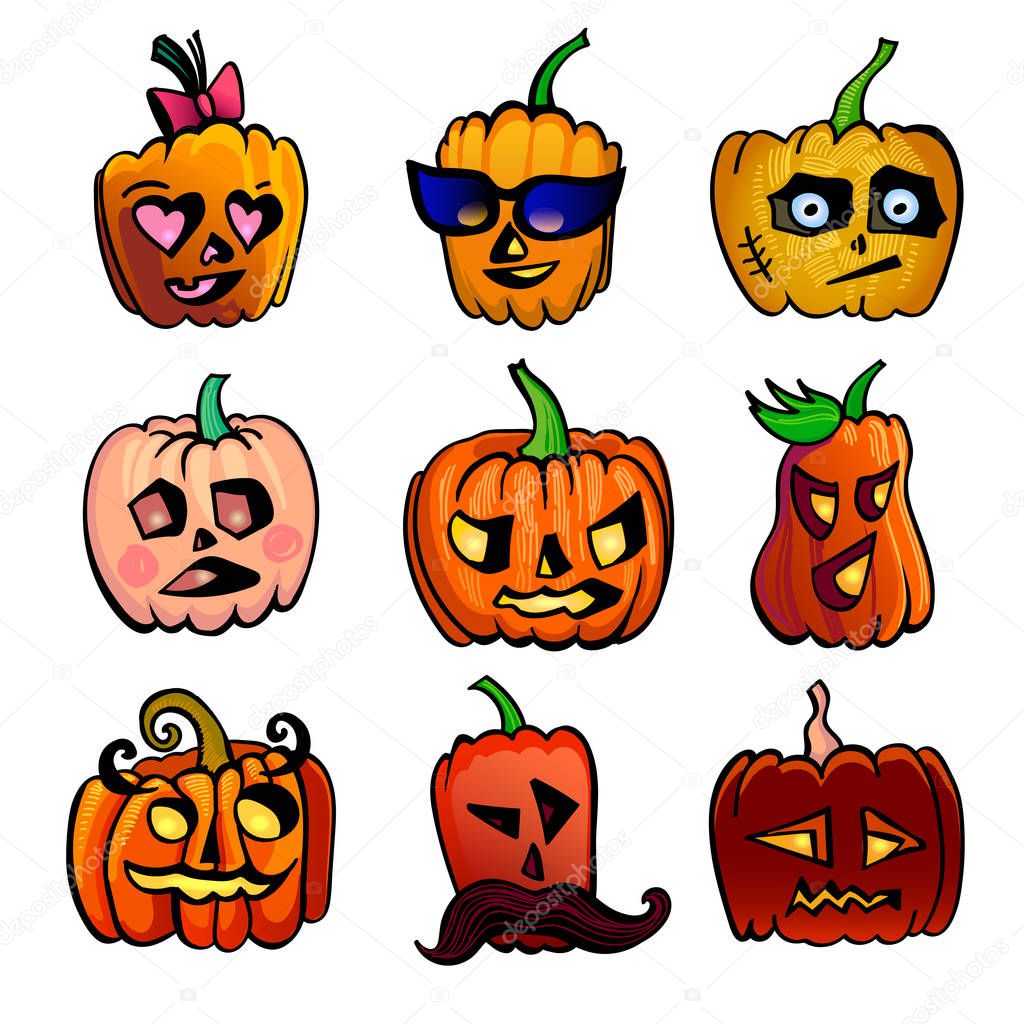 Halloween cute cartoon Pumpkin icons set. Vector illustration of Halloween character of 9 different funy faces for autumn holiday isolated on white background