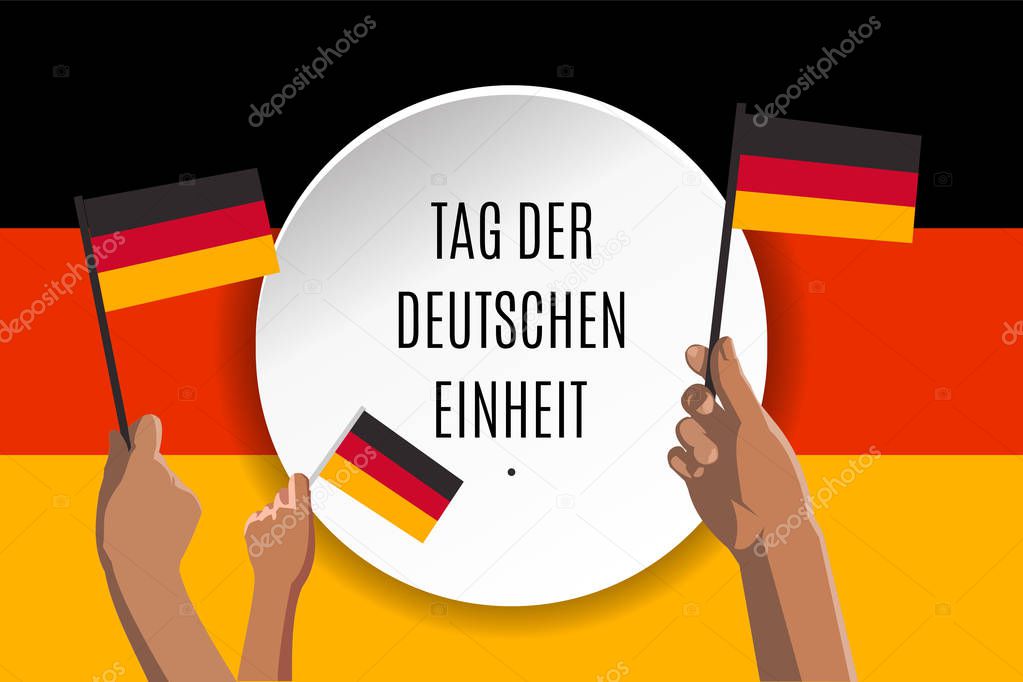 Happy Unity Day placard, poster or greeting card translated in German. Text in circle banner and hands with german flags on Deutschland flag background. Vector illustration of Germany Independence Day