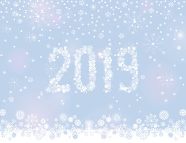 2019 yeni yıl etrafında kar yağışı ile gümüş gri arka plan üzerinde kar taneleri dan ışıltılı. Vektör çizim kış tasarımı için