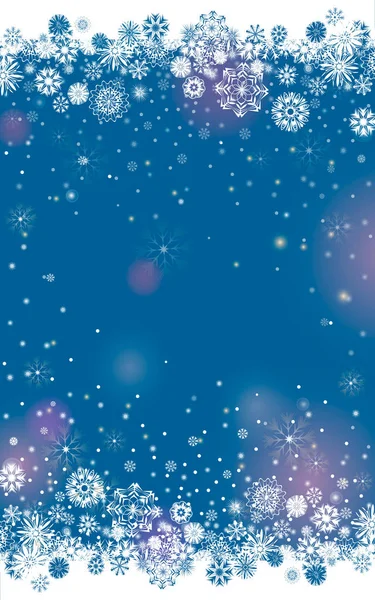 Falling Snow Border Dark Blue Background Abstract Winter Lights Blurry — Stock Vector