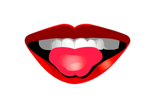 Güzel Kırmızı Seksi Dudaklar Ile Açık Ağız Gülümseyen Dil Diş — Stok Vektör