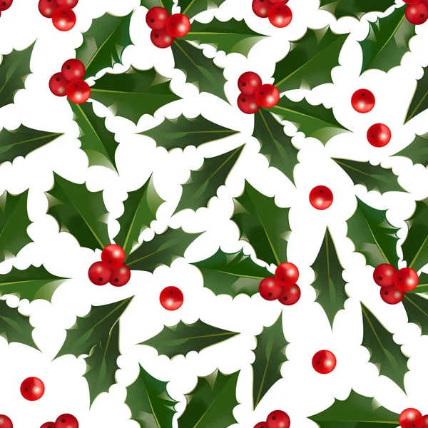 Merry Christmas Happy New Year Seamless Pattern Holly Berries Isolated — Stock Vector