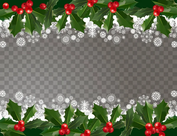 Neşeli Noel ve mutlu yeni yıl garland desen ile sınır holly Karpuzu ve şeffaf arka plan üzerinde kar taneleri. Arka plan christmas dekorasyon için. Vektör kış tatil çerçeve çiçek