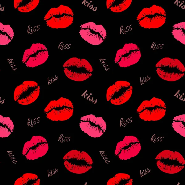 Red Pink Lip Marks Isolated Black Background Trendy Seamless Pattern — Stock Vector