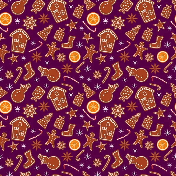 Merry Christmas Happy New Year Seamless Pattern Gingerbread Cookies Orange — Stock Vector