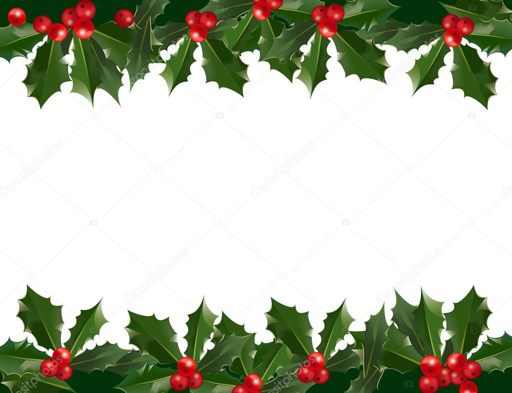 Merry Christmas and Happy New Year garland pattern border with holly berries on white background. Abstract background for Christmas decoration. Vector winter holiday floral frame illustration