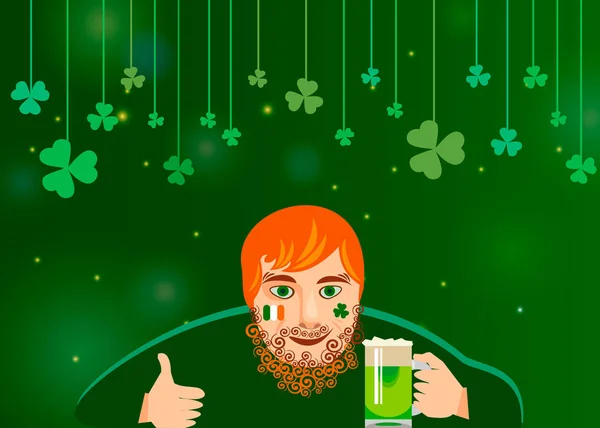 聖パトリックの日のコンセプトです 赤毛の面白い現代アイルランド緑ビールを飲む ベクトル図 — ストックベクタ