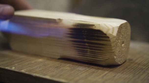 Der Kerl verbrennt Holz mit einer Fackel — Stockvideo
