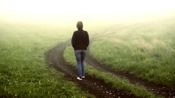 Chica solitaria camina en el camino en la niebla en la naturaleza en las montañas — Vídeo de stock