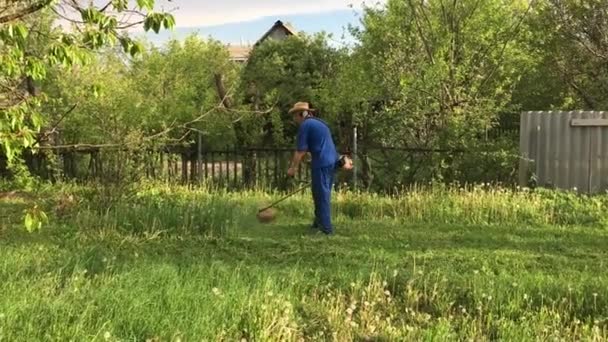 Uomo contadino falcia l'erba con un tosaerba sulla natura — Video Stock