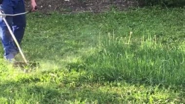 adam çiftçi doğa üzerinde bir biçme makinesi ile çim biçiyor