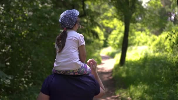 Дочка їде своїми татами на шиї в парку, день — стокове відео