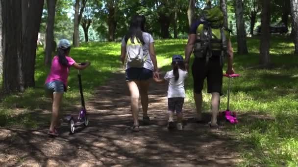 Familia joven caminando en el parque, día — Vídeo de stock