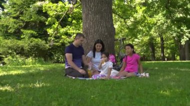 Genç, çok ırklı bir aile parkta piknik yapıyor.