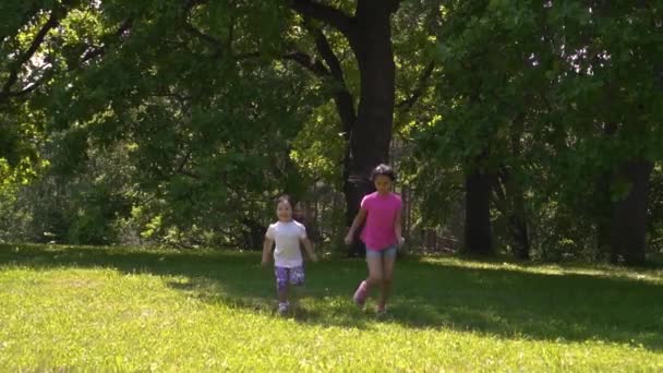 Two young asian girls running across the meadow in the park, day — Stock Video
