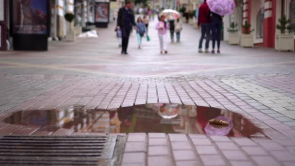 Люди ходять у місті під дощем — стокове відео