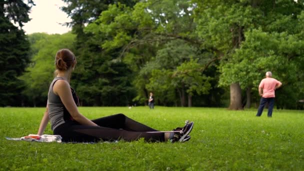 Flickan ser ut som en familj som spelar fotboll på ängen — Stockvideo