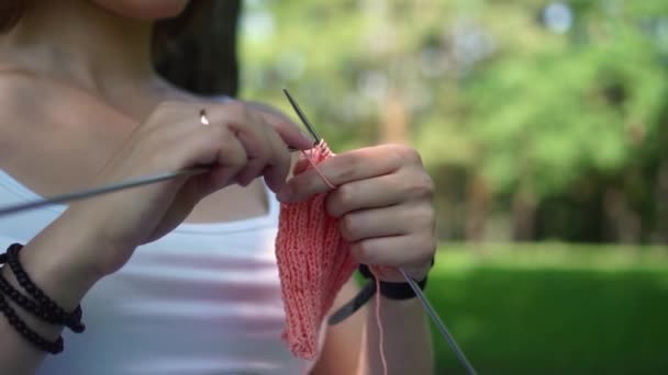 Giovane ragazza che fa a maglia nel parco sotto un albero — Video Stock