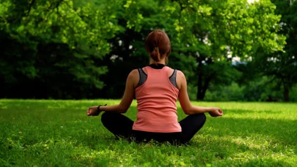 Fille assise dans la position du lotus sur l'herbe dans le parc — Video