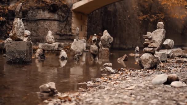 Rock balance autumn in the park near the river — Stock Video