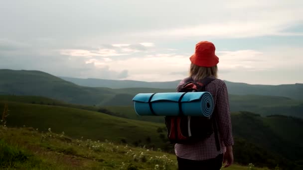 Chica turista se encuentra en el fondo de las montañas — Vídeos de Stock