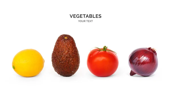 Creatieve Lay Out Gemaakt Van Avocado Tomaten Citroen Witte Achtergrond — Stockfoto
