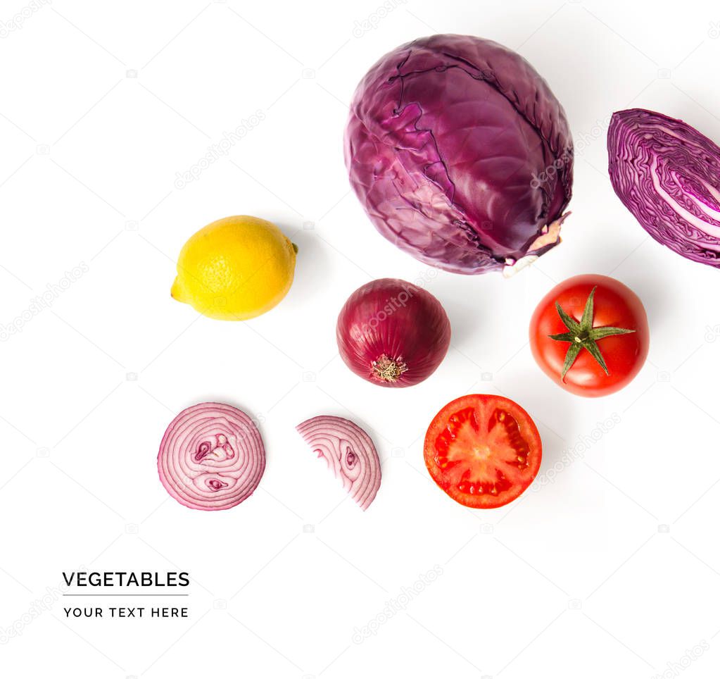 Creative layout made of red cabbage, onion, tomatoes and lemon on white background 
