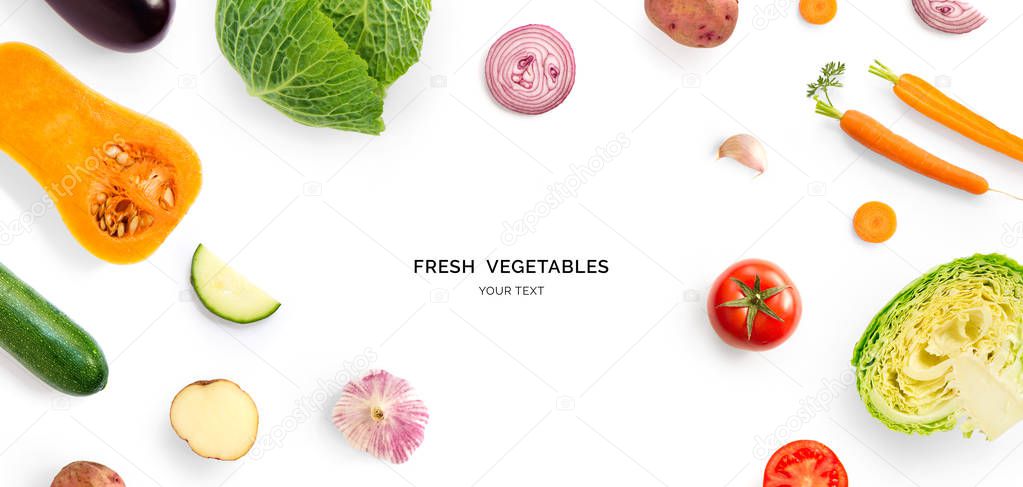 Creative layout made of pumpkin, carrot, tomatoes, onions and cabbage, zucchini, aubergine and garlic on white background 