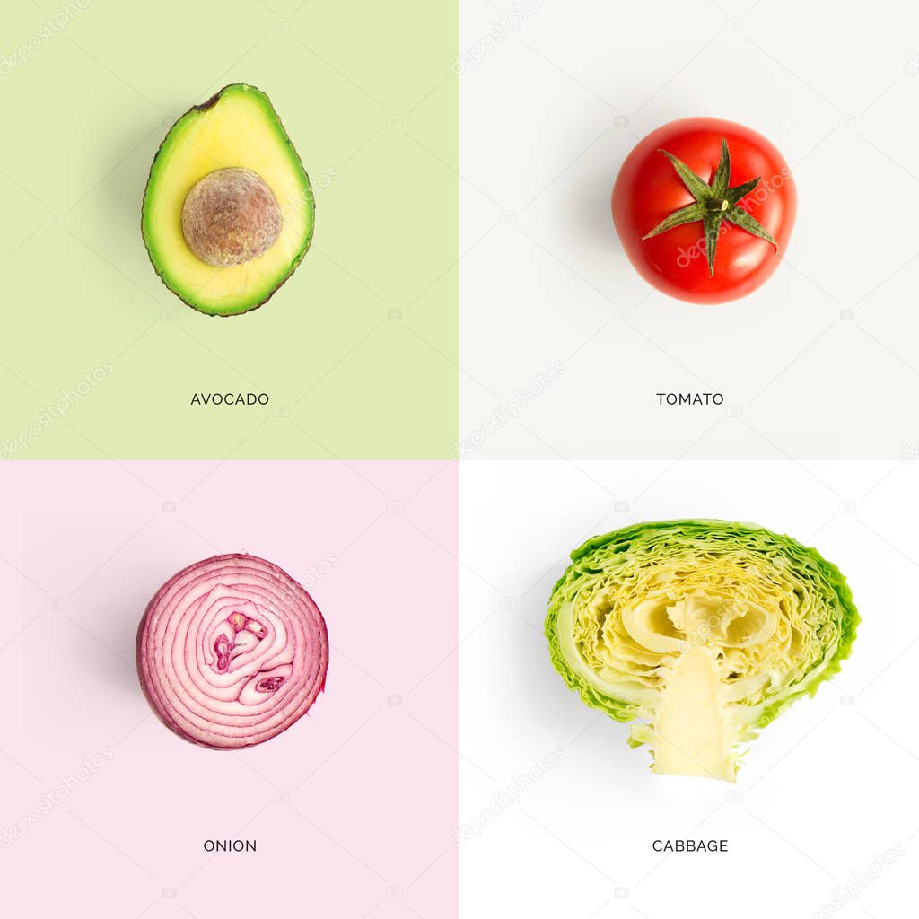 Creative layout made of avocado, tomato, onion and cabbage on white background 