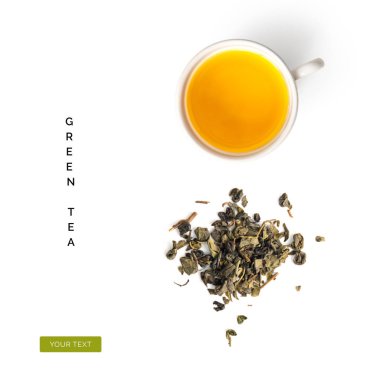 Creative layout made of cup of green tea on a white background. Top view clipart