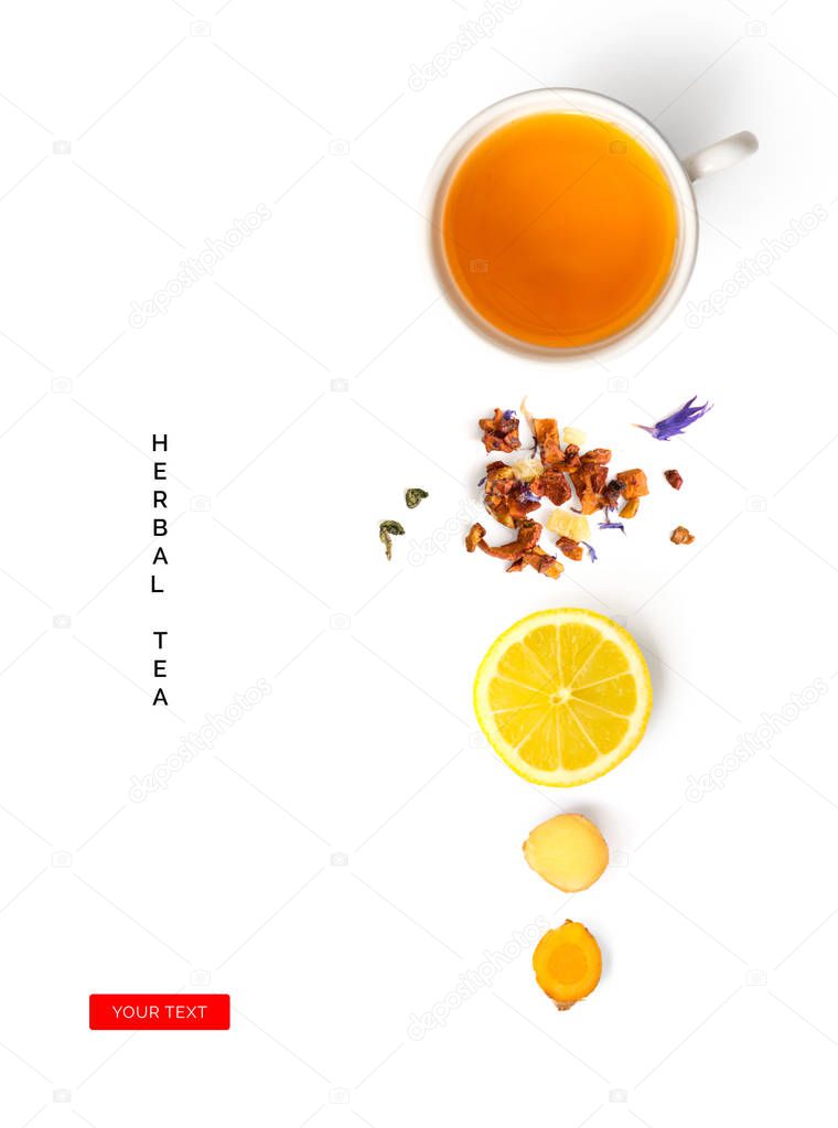 Creative layout made of cup of herbal tea, lemon, ginger on a white background. Top view