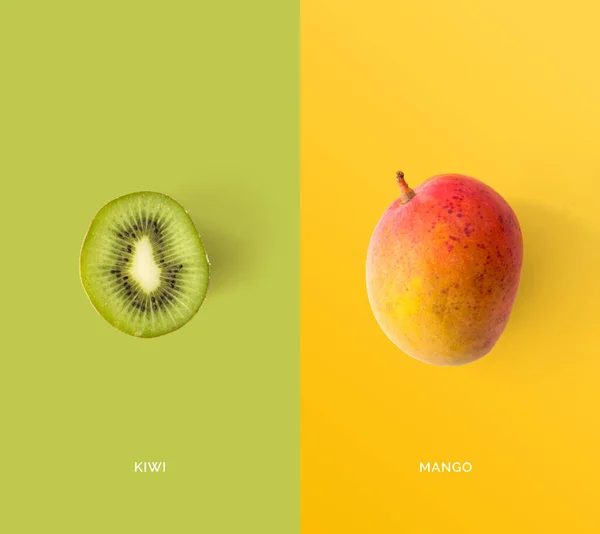Creatieve Lay Out Gemaakt Van Kiwi Mango Flat Lay Voedselconcept — Stockfoto