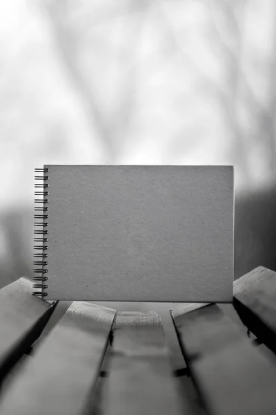 Cuaderno Bocetos Con Una Tapa Cartón Duro Banco Primer Plano —  Fotos de Stock