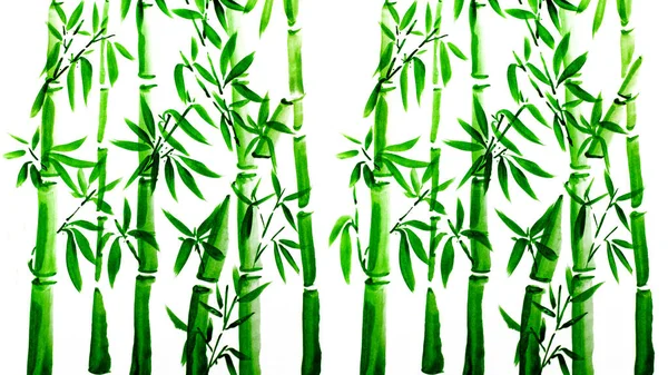 Ручной Рисунок Зеленых Бамбуковых Листьев Ветвей Чернильная Живопись Традиционная Сухая — стоковое фото