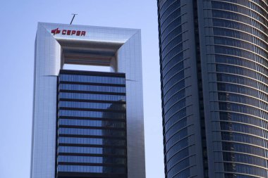 Four modern skyscrapers (Cuatro Torres) in business financial district of Madrid, Spain 2018-08-14 
