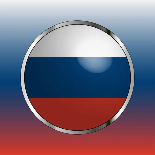 Round button with metal frame. Illustration of flag of Russia